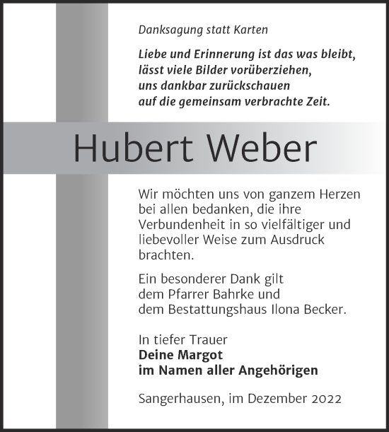Traueranzeige von Hubert Weber von Trauerkombi Sangerhausen