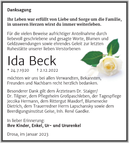 Traueranzeige von Ida Beck von Trauerkombi Köthen