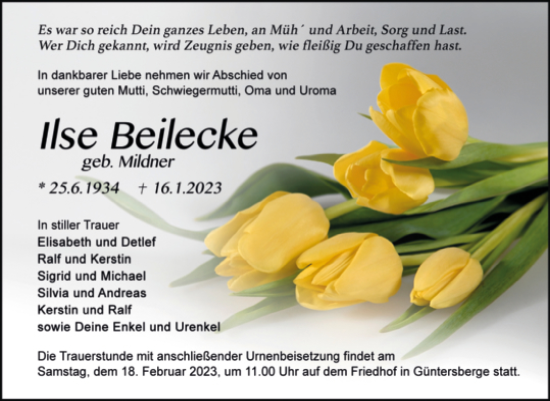 Traueranzeige von Ilse Beilecke von Trauerkombi Quedlinburg