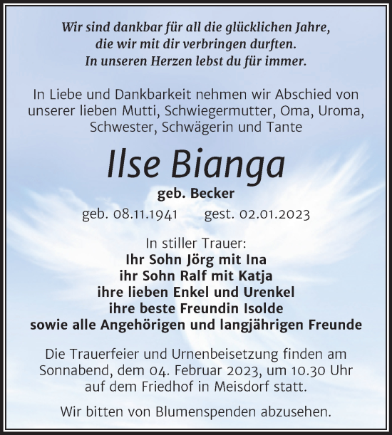 Traueranzeige von Ilse Bianga von Trauerkombi Quedlinburg