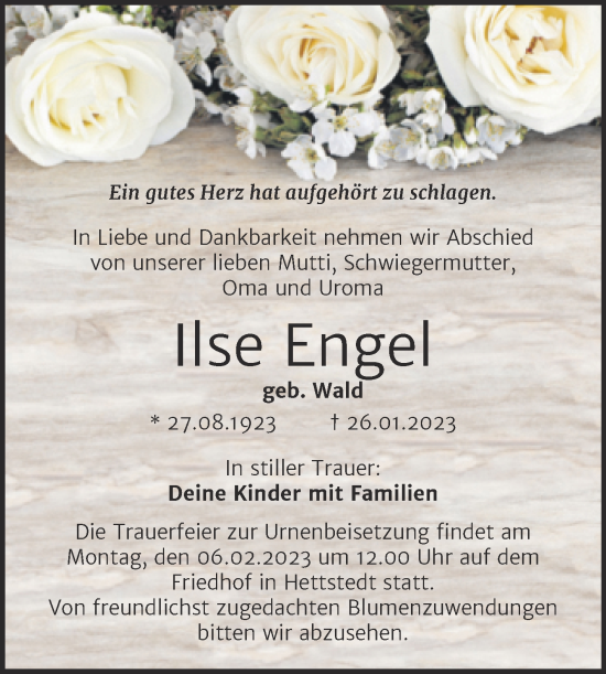 Traueranzeige von Ilse Engel von Trauerkombi Mansfelder Land