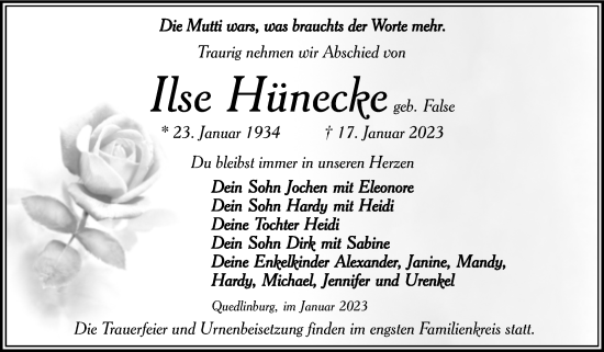 Traueranzeige von Ilse Hünecke von Trauerkombi Quedlinburg