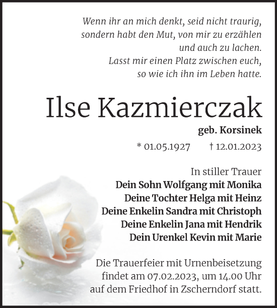 Traueranzeige von Ilse Kazmierczak von Trauerkombi Bitterfeld
