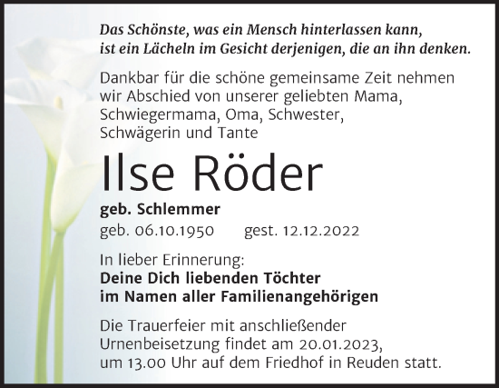 Traueranzeige von Ilse Röder von Trauerkombi Bitterfeld