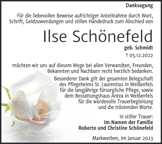 Traueranzeige von Ilse Schönefeld von Trauerkombi Weißenfels