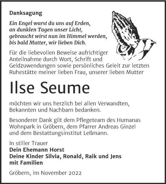 Traueranzeige von Ilse Seume von Trauerkombi Bitterfeld