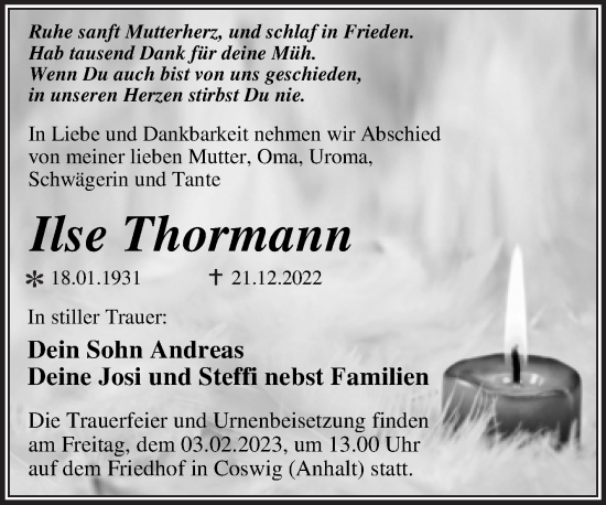 Traueranzeige von Ilse Thormann von Trauerkombi Wittenberg