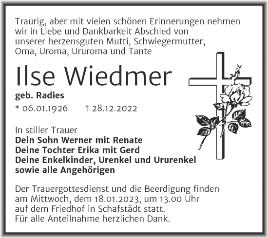 Traueranzeige von Ilse Wiedmer von Trauerkombi Merseburg