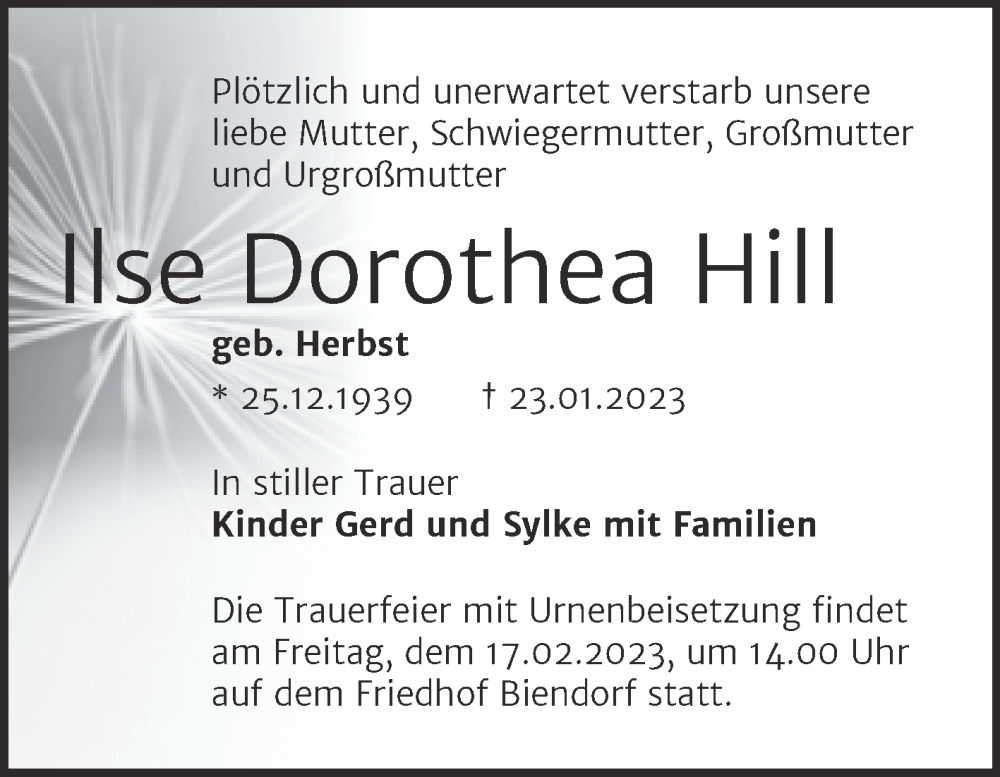  Traueranzeige für Ilse Dorothea Hill vom 28.01.2023 aus Trauerkombi Bernburg