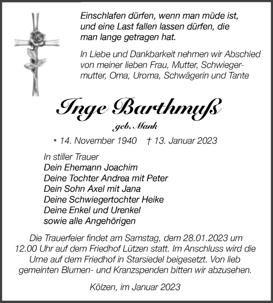 Traueranzeige von Inge Barthmuß von Trauerkombi Weißenfels