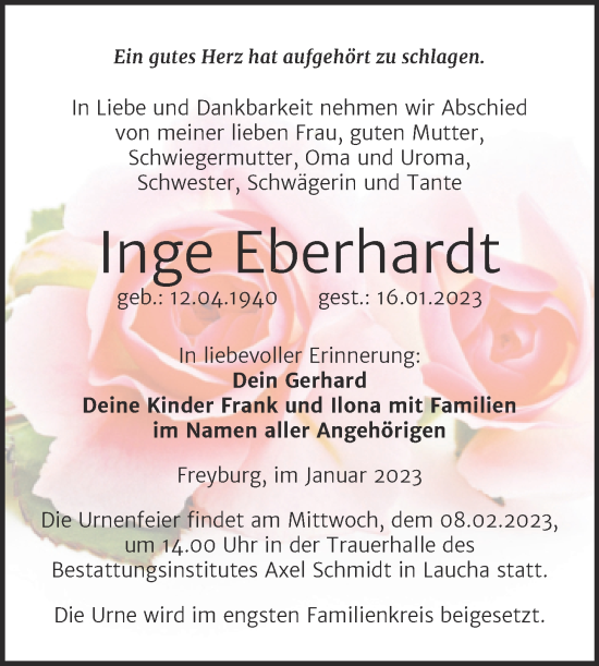Traueranzeige von Inge Eberhardt von Wochenspiegel Naumburg/Nebra