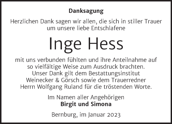 Traueranzeige von Inge Hess von Trauerkombi Bernburg