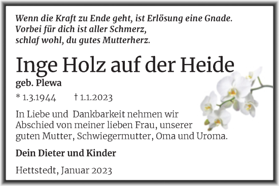 Traueranzeige von Inge Holz auf der Heide von Trauerkombi Mansfelder Land