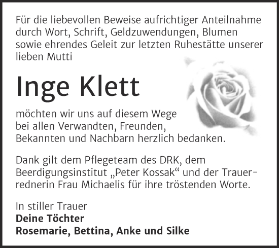 Traueranzeige von Inge Klett von Trauerkombi Wittenberg