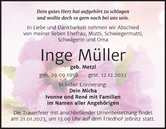 Traueranzeige von Inge Müller von Trauerkombi Bitterfeld