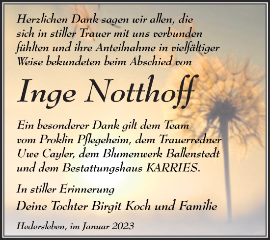 Traueranzeige von Inge Notthoff von Trauerkombi Quedlinburg