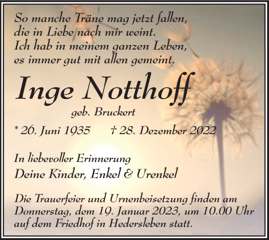 Traueranzeige von Inge Notthoff von Trauerkombi Quedlinburg