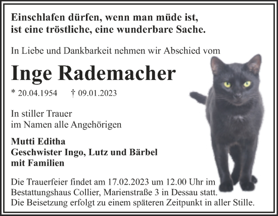 Traueranzeige von Inge Rademacher von Trauerkombi Dessau