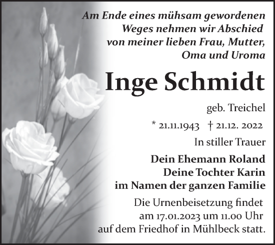 Traueranzeige von Inge Schmidt von Trauerkombi Bitterfeld