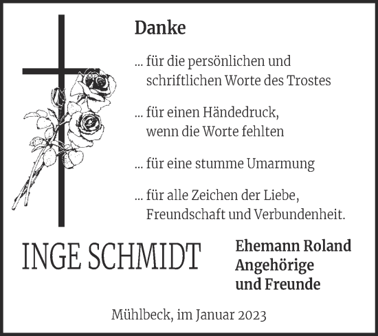 Traueranzeige von Inge Schmidt von Trauerkombi Bitterfeld