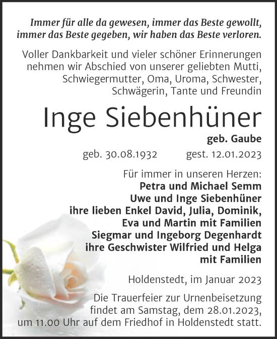 Traueranzeige von Inge Siebenhüner von Trauerkombi Sangerhausen