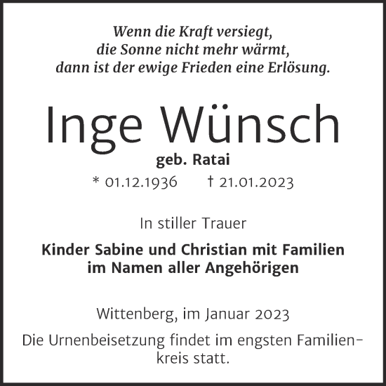 Traueranzeige von Inge Wünsche von Trauerkombi Wittenberg