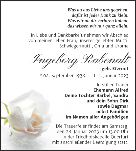 Traueranzeige von Ingeboerg Rabenalt von Trauerkombi Merseburg