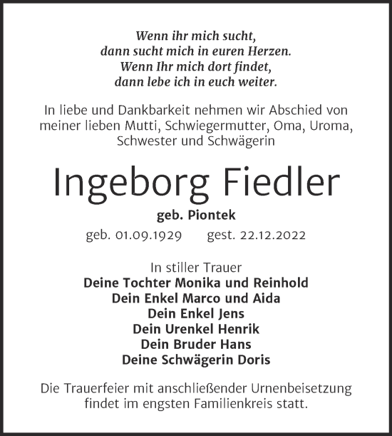 Traueranzeige von Ingeborg Fiedler von Trauerkombi Wittenberg