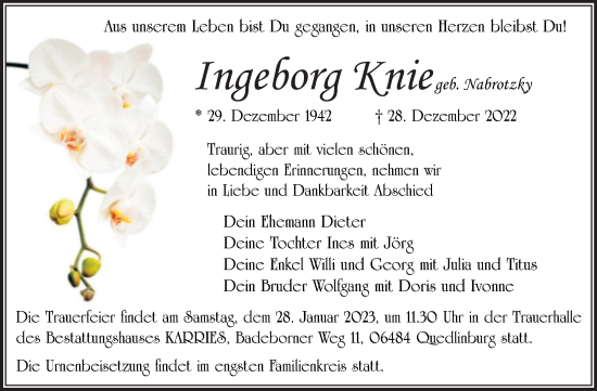 Traueranzeige von Ingeborg Knie von Trauerkombi Köthen