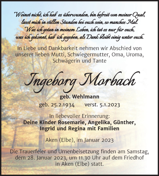 Traueranzeige von Ingeborg Morbach von Trauerkombi Köthen