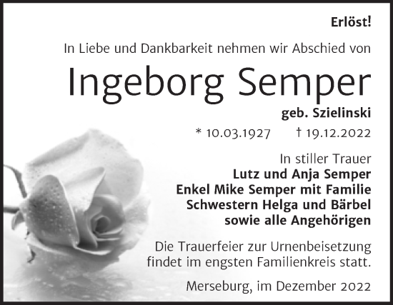 Traueranzeige von Ingeborg Semper von Trauerkombi Merseburg