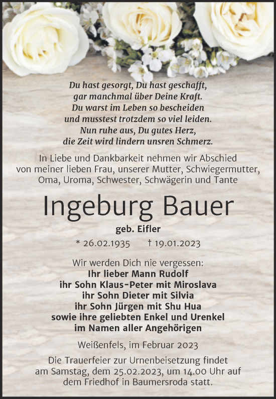 Traueranzeige von Ingeburg Bauer von Wochenspiegel Naumburg/Nebra