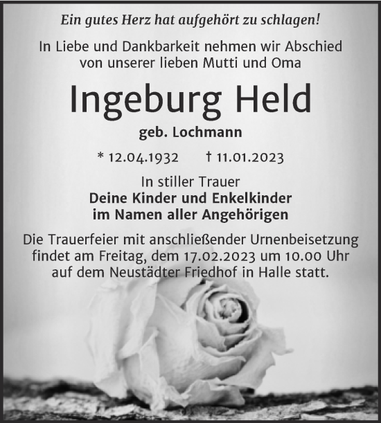 Traueranzeige von Ingeburg Held von Mitteldeutsche Zeitung Halle/Saalkreis