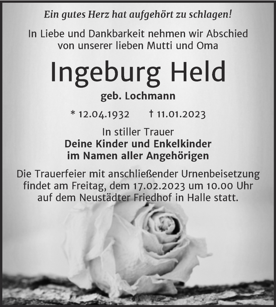  Traueranzeige für Ingeburg Held vom 28.01.2023 aus Mitteldeutsche Zeitung Halle/Saalkreis