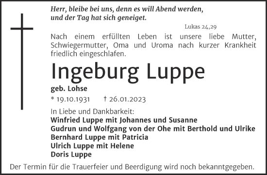 Traueranzeige von Ingeburg Luppe von Mitteldeutsche Zeitung Halle/Saalkreis
