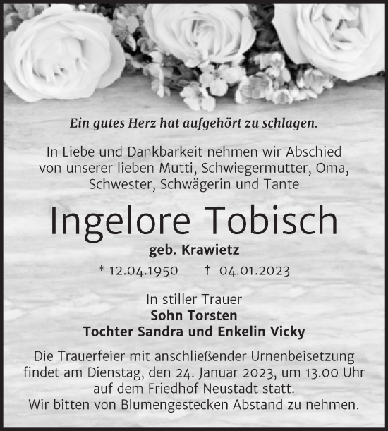 Traueranzeige von Ingelore Tobisch von Mitteldeutsche Zeitung Halle/Saalkreis