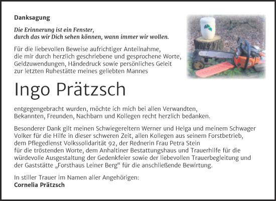 Traueranzeige von Ingo Prätzsch von Trauerkombi Dessau