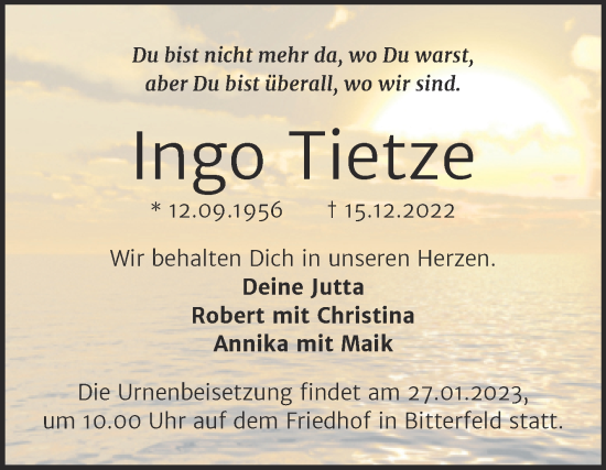 Traueranzeige von Ingo Tietze von Trauerkombi Bitterfeld