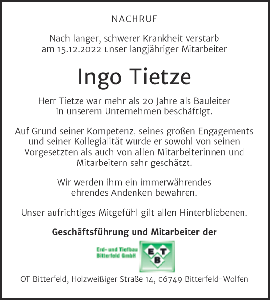 Traueranzeige von Ingo Tietze von Wochenspiegel Bitterfeld