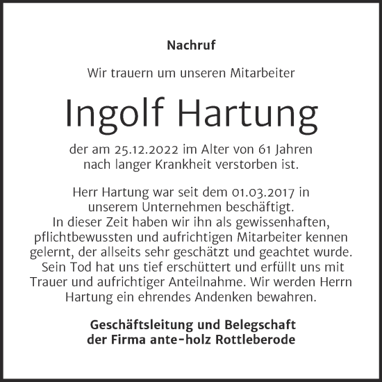 Traueranzeige von Ingolf Hartung von Super Sonntag Sangerhausen
