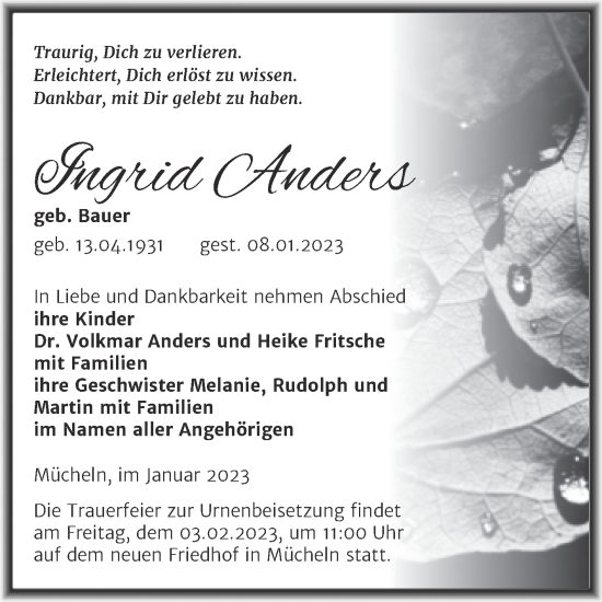 Traueranzeige von Ingrid Anders von Trauerkombi Merseburg