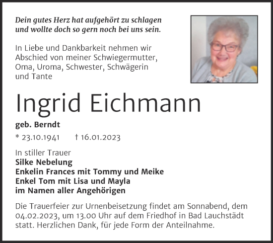 Traueranzeige von Ingrid Eichmann von Trauerkombi Merseburg