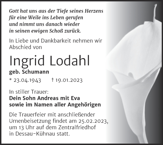 Traueranzeige von Ingrid Lodahl von Trauerkombi Dessau