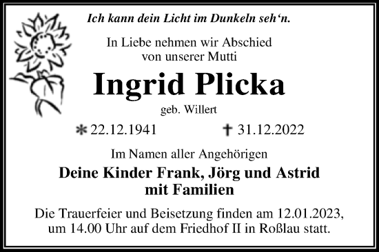 Traueranzeige von Ingrid Plicka von Trauerkombi Dessau