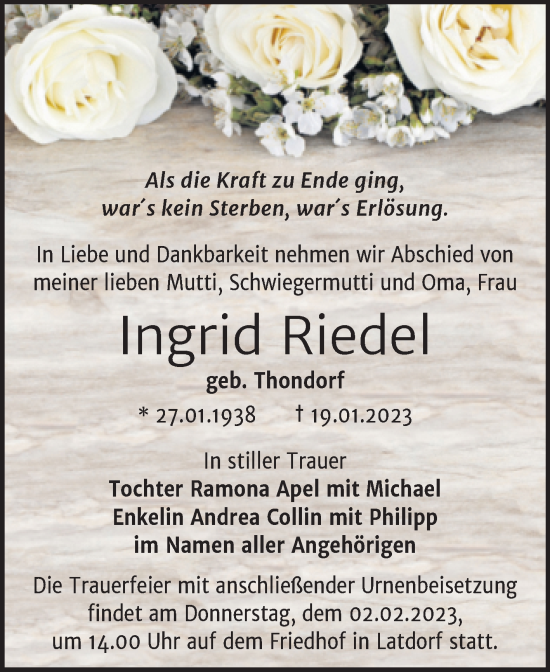 Traueranzeige von Ingrid Riedel von Trauerkombi Bernburg