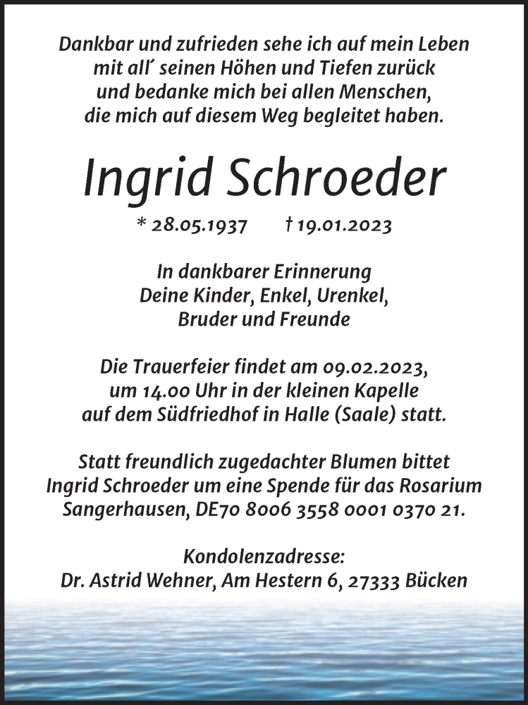  Traueranzeige für Ingrid Schroeder vom 21.01.2023 aus Mitteldeutsche Zeitung Halle/Saalkreis
