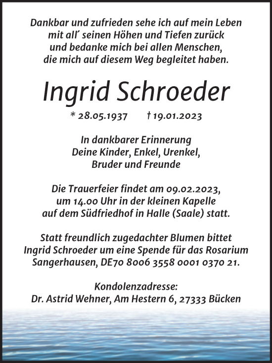 Traueranzeige von Ingrid Schroeder von Mitteldeutsche Zeitung Halle/Saalkreis