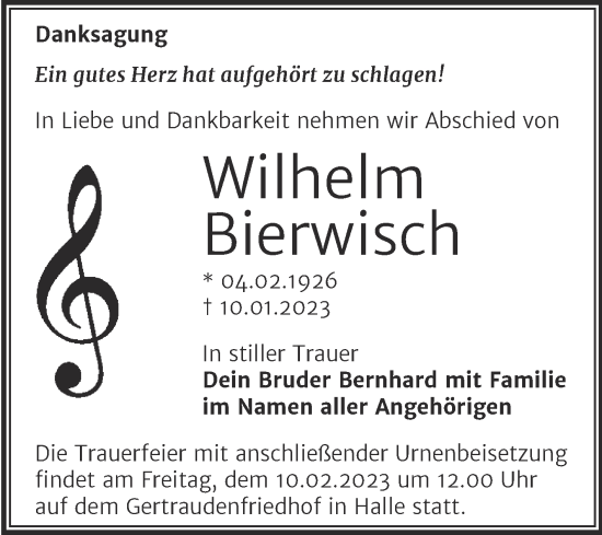 Traueranzeige von Instiller Bierwisch von Mitteldeutsche Zeitung Halle/Saalkreis