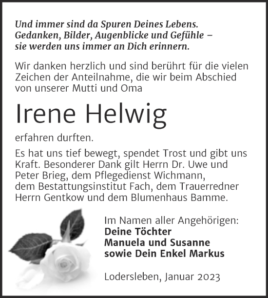 Traueranzeige von Irene Helwig von Mitteldeutsche Zeitung Merseburg/Querfurt