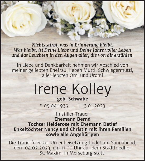 Traueranzeige von Irene Kolley von Trauerkombi Merseburg